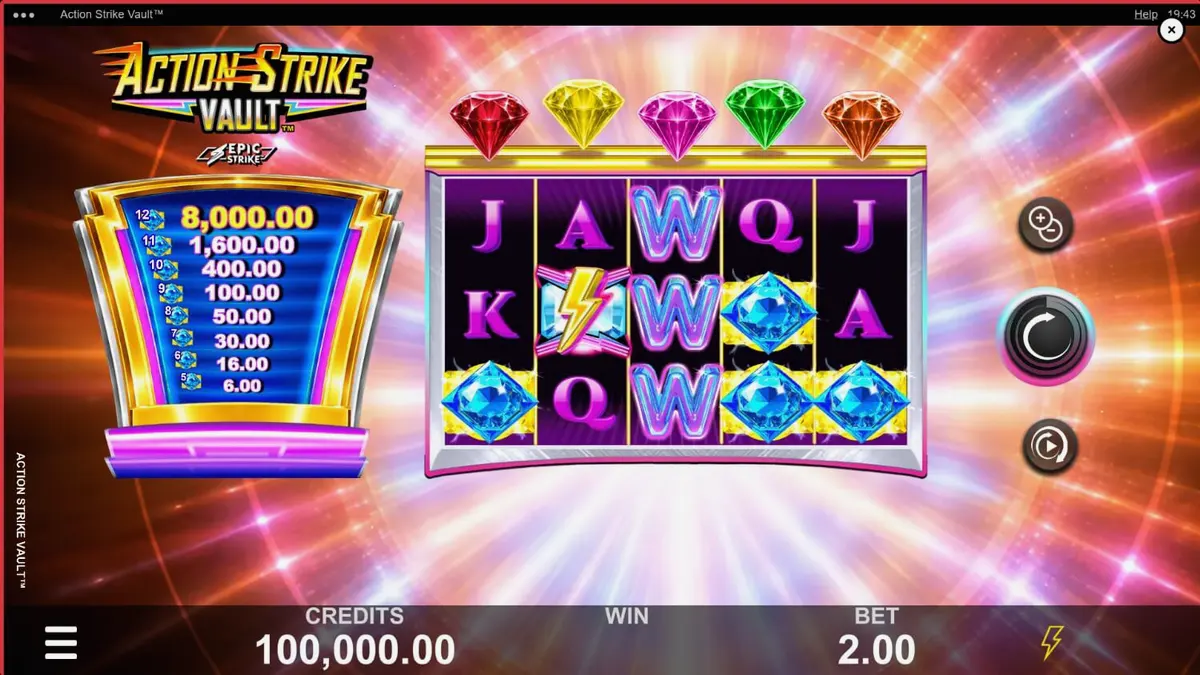 Captura de tela do jogo Action Strike Vault mostrando os recursos bônus e o tema cósmico de Vegas.