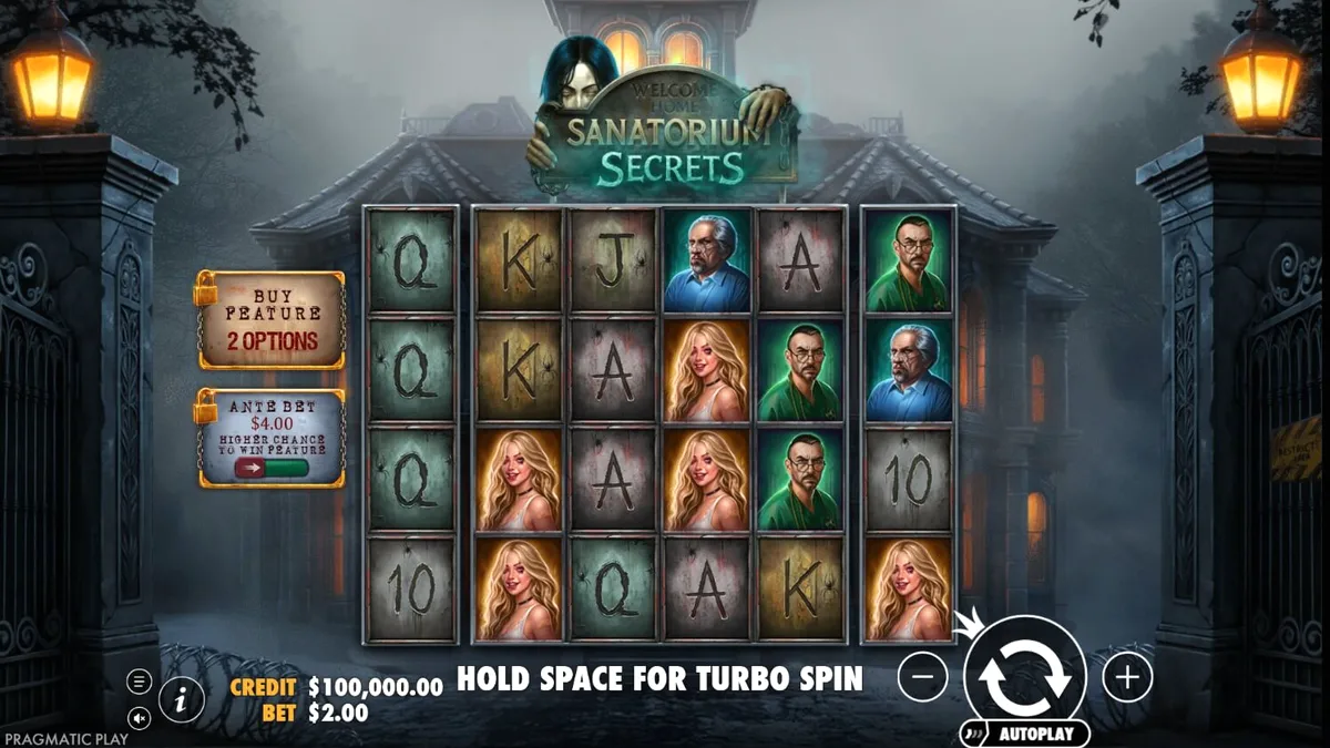 Interface do jogo de slot Sanatorium Secrets com tema de sanatório