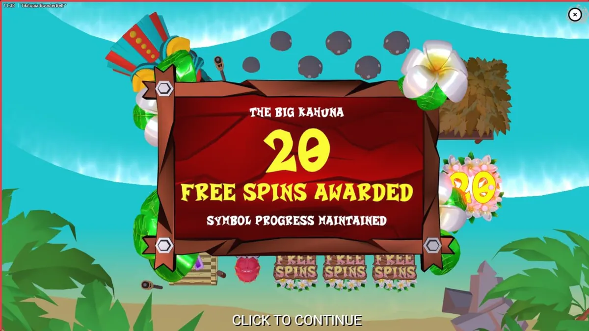 Interface vibrante do slot Tikitopia BoosterBelt com elementos tropicais e o totem Big'Um Tiki.