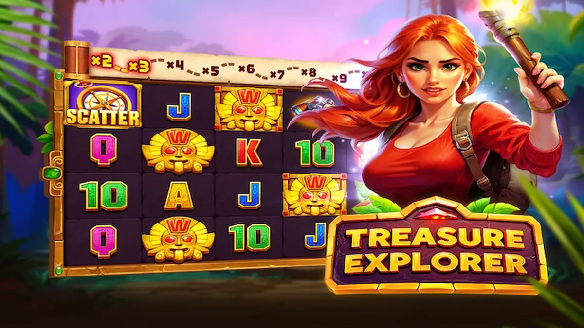 Interface visual do slot Treasure Explorer com tema de selva asteca