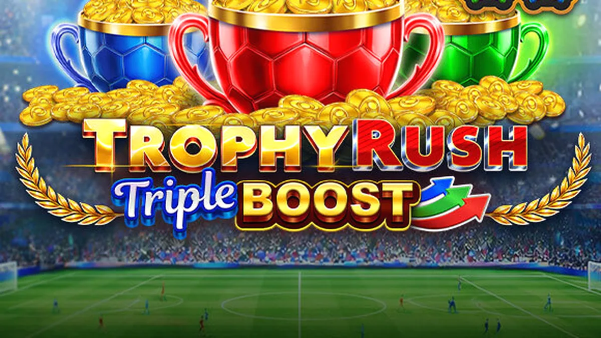Interface do jogo Trophy Rush Triple Boost com moedas douradas e elementos esportivos.