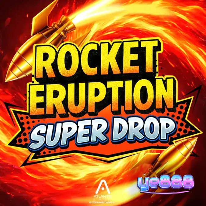 Cenário temático de vulcão e dinossauros no slot Rocket Eruption Super Drop